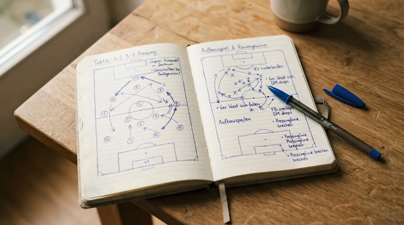 Ein aufgeschlagenes Notizbuch mit handschriftlichen Skizzen von Spielzügen liegt neben einem Kugelschreiber auf einem Holztisch.