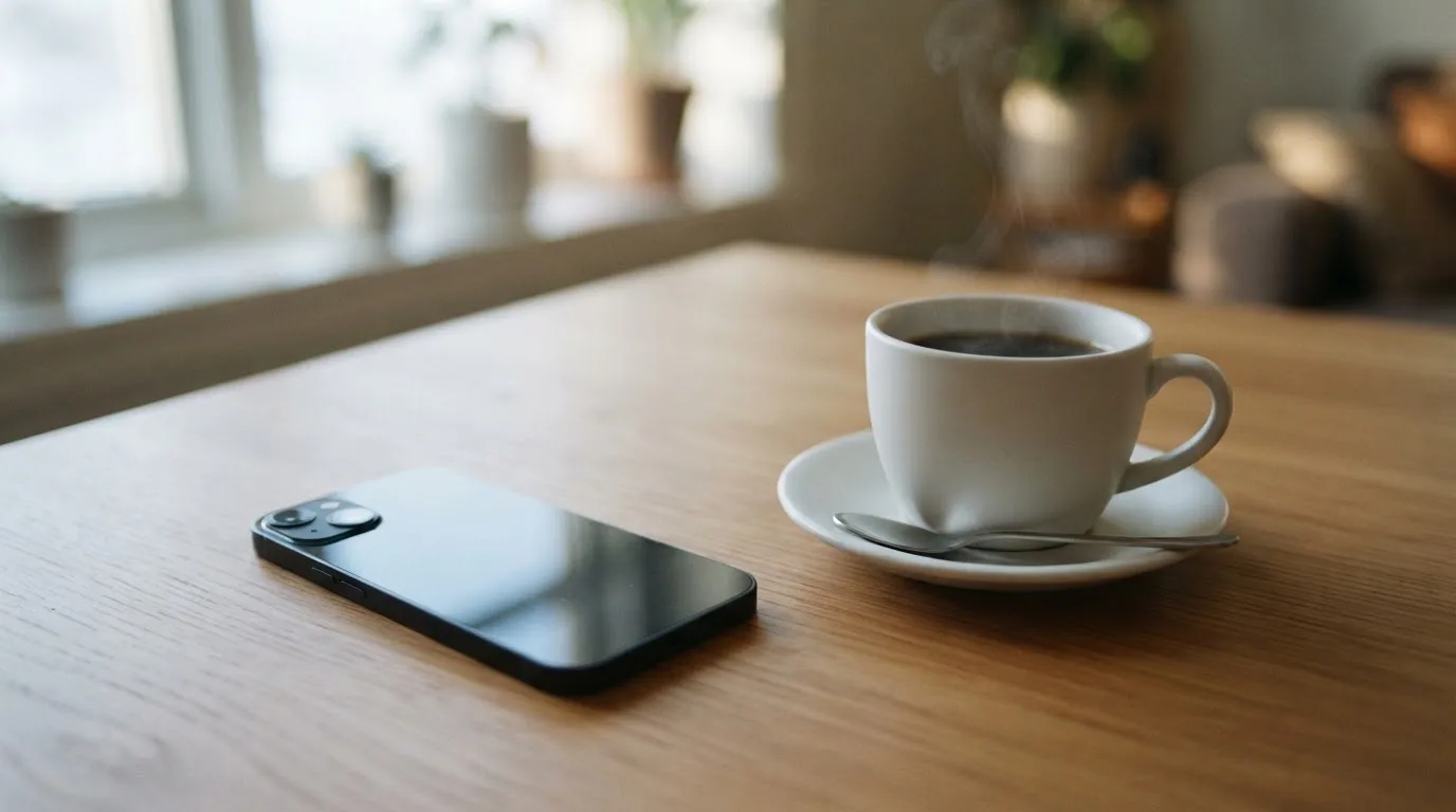 Ein Smartphone mit dunklem Display liegt neben einer Kaffeetasse auf einem Holztisch im Licht eines Fensters.