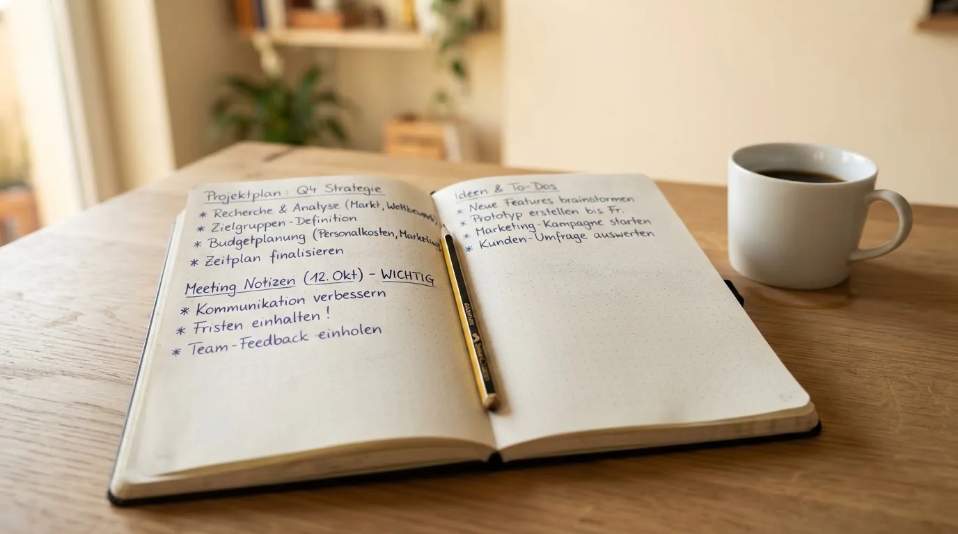Ein aufgeschlagenes Notizbuch mit handgeschriebenen Stichpunkten und ein Bleistift liegen neben einer Kaffeetasse auf einem hellen Holztisch.