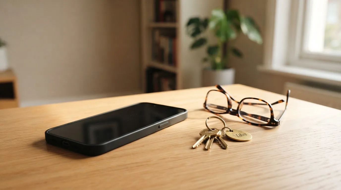 Ein Smartphone liegt mit dunklem Display auf einem Holztisch neben einem Schlüsselbund und einer Brille im Licht eines Fensters.