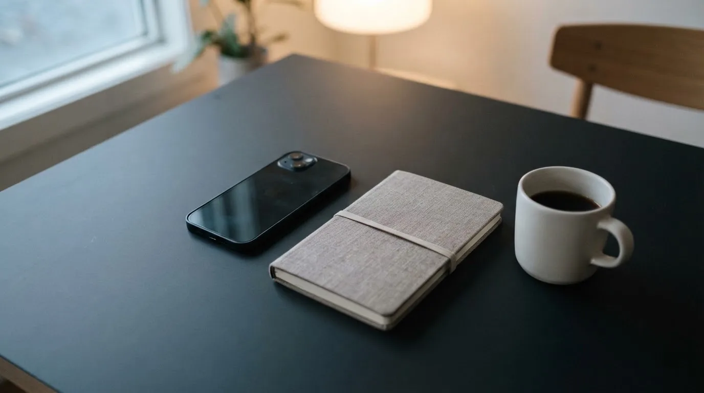 Ein Smartphone liegt mit dunklem Display auf einem Schreibtisch neben einem Notizbuch und einer Kaffeetasse.
