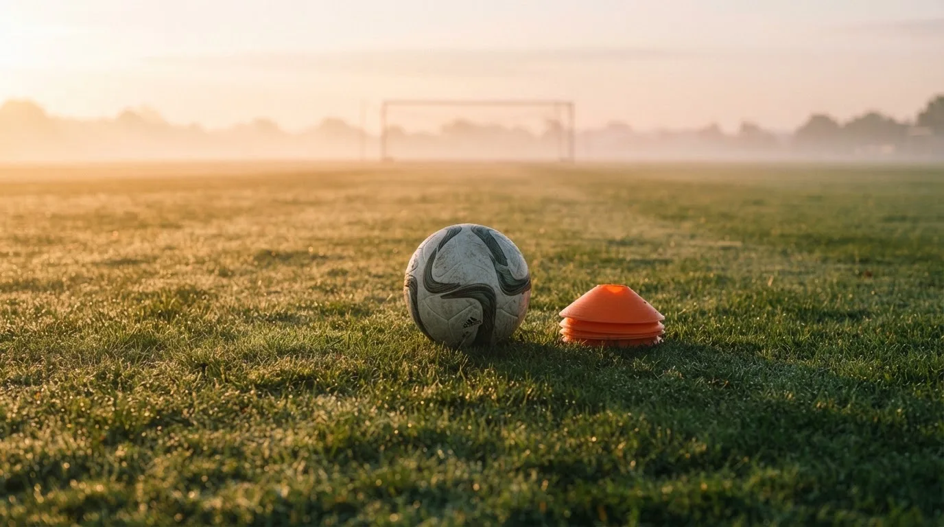 Ein Fußball liegt auf einem Rasenplatz bei Sonnenaufgang, daneben ein kleiner Stapel Trainingshütchen.