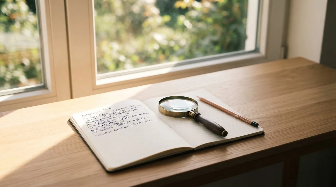 Ein schmaler Schreibtisch am Fenster mit einem Notizbuch, einer Lupe und einem Bleistift im Morgenlicht.
