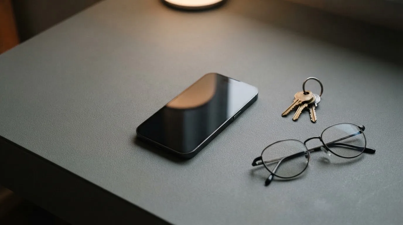 Ein Smartphone liegt mit dunklem Display auf einem Schreibtisch neben einem Schlüsselbund und einer Brille.