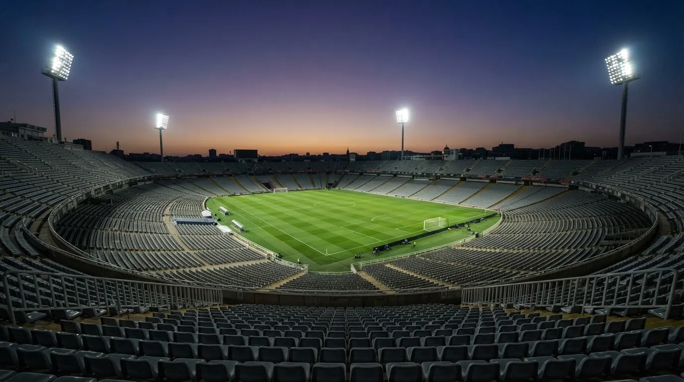 Eine leere Stadiontribüne unter Flutlicht aus der Ferne betrachtet, die Rasenfläche leuchtet grün in der Dämmerung.
