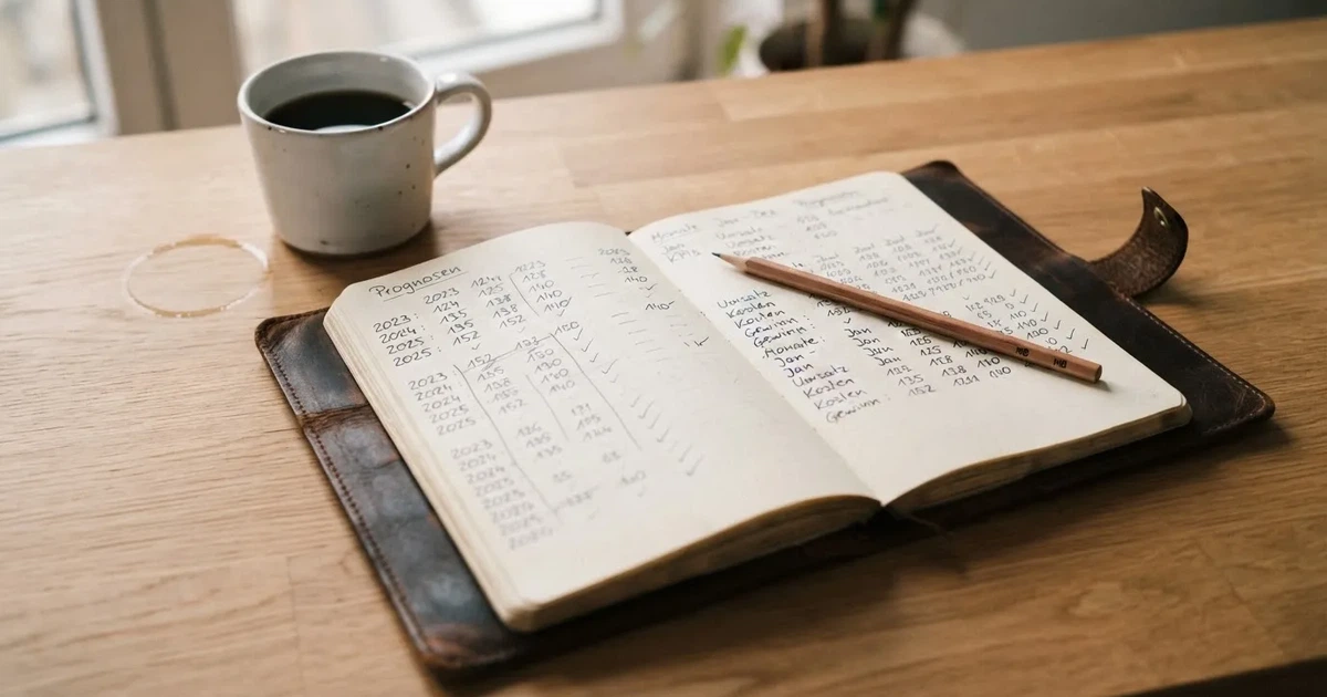 Handschriftliche Zahlenkolonnen in einem Notizbuch, daneben ein Bleistift und eine Tasse Kaffee auf hellem Holz.
