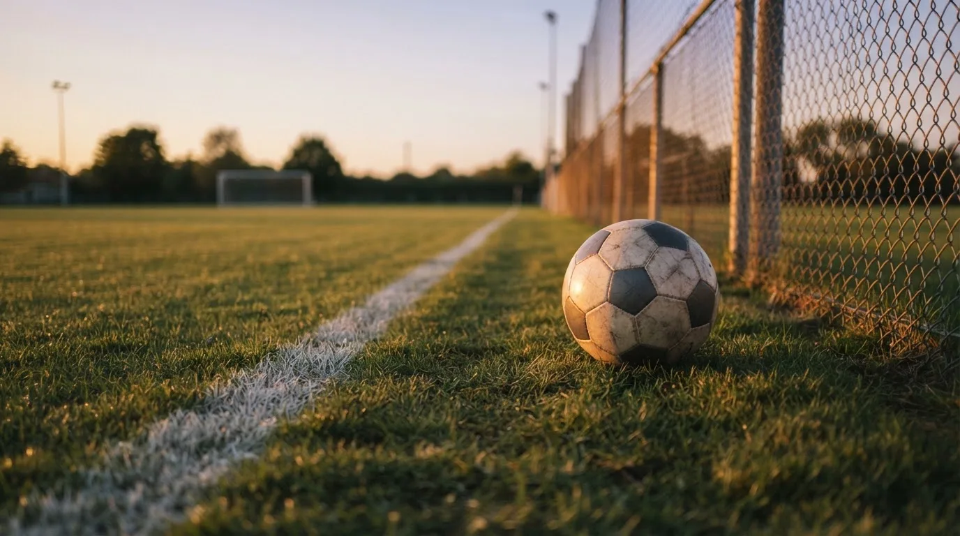 Ein Fußball liegt am Rand eines Rasens neben einer weißen Linie, im Hintergrund ein Zaun in der Abendsonne.