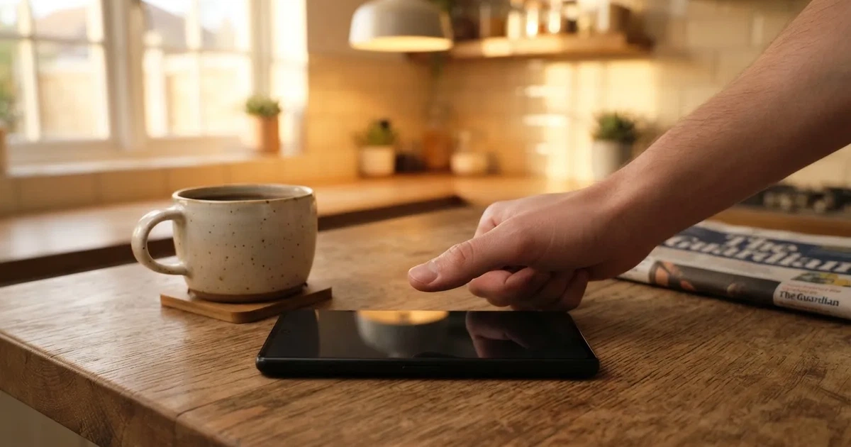 Ein Daumen schwebt über einem Smartphone mit dunklem Display, das auf einem Küchentisch neben einer Tasse liegt.