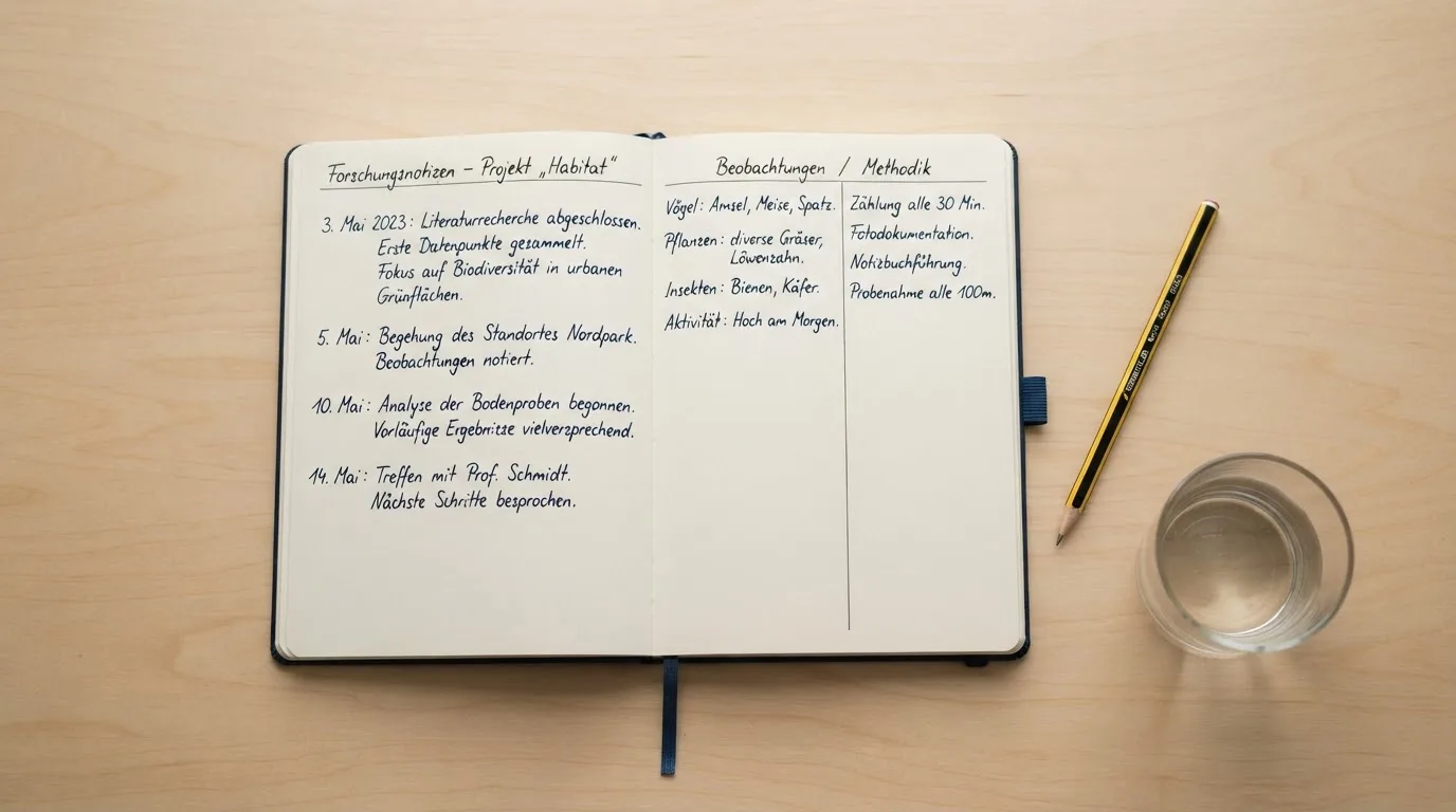 Ein Notizbuch und ein Bleistift liegen neben einem Glas Wasser auf einem hellen Tisch.