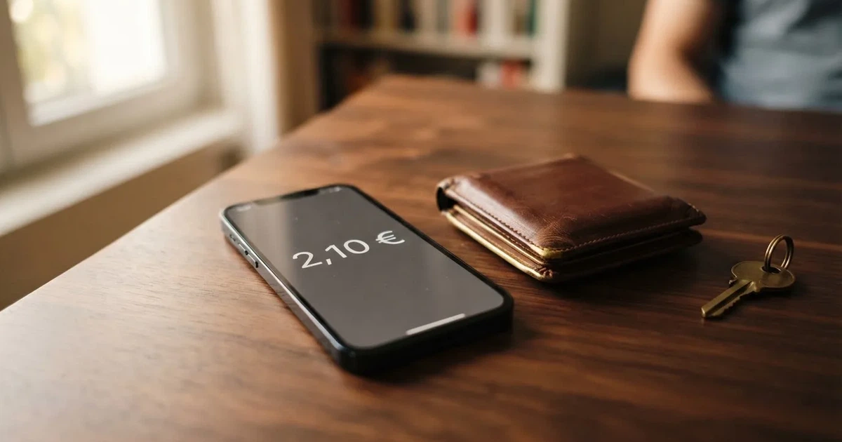 Ein Smartphone mit dunklem Display liegt neben einer Geldbörse und einem Schlüssel auf einem Tisch.