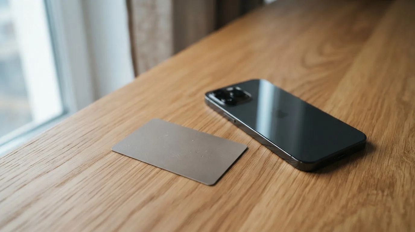 Eine Bankkarte ohne Aufdruck liegt neben einem Smartphone mit dunklem Display auf einem Holztisch.