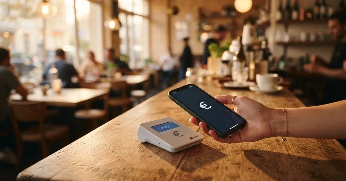 Eine Hand hält ein Smartphone dicht an ein Kartenlesegerät ohne erkennbare Beschriftung in einem Café.
