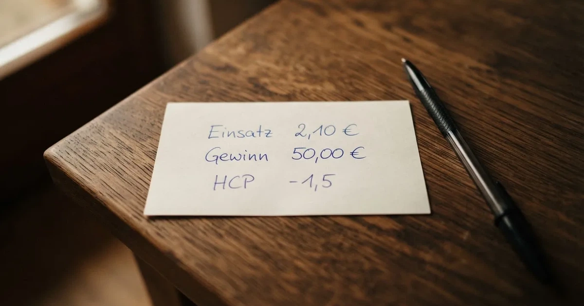 Ein leerer Papier-Wettschein liegt neben einem Kugelschreiber auf einem Tisch, ohne lesbaren Aufdruck.