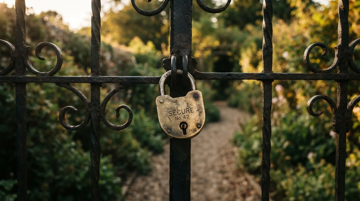 Ein Vorhängeschloss hängt an einem Gartentor im Abendlicht, dahinter ein unscharfer Weg.