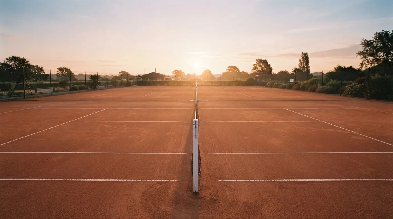 Ein Tennisplatz aus Sand bei Sonnenaufgang, das Netz im Gegenlicht, kein Mensch zu sehen.