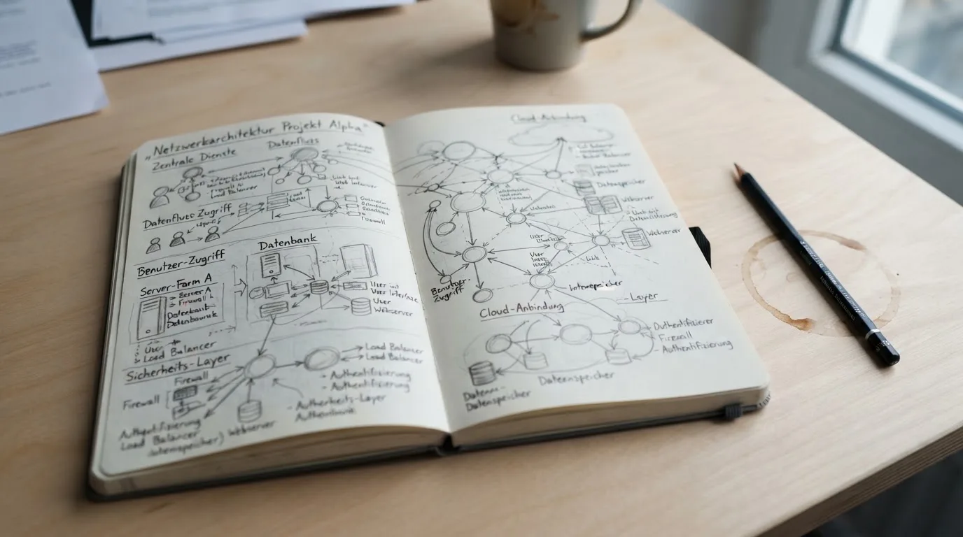 Ein Notizbuch mit handgezeichneten Knoten und Linien liegt neben einem Bleistift auf einem Schreibtisch.