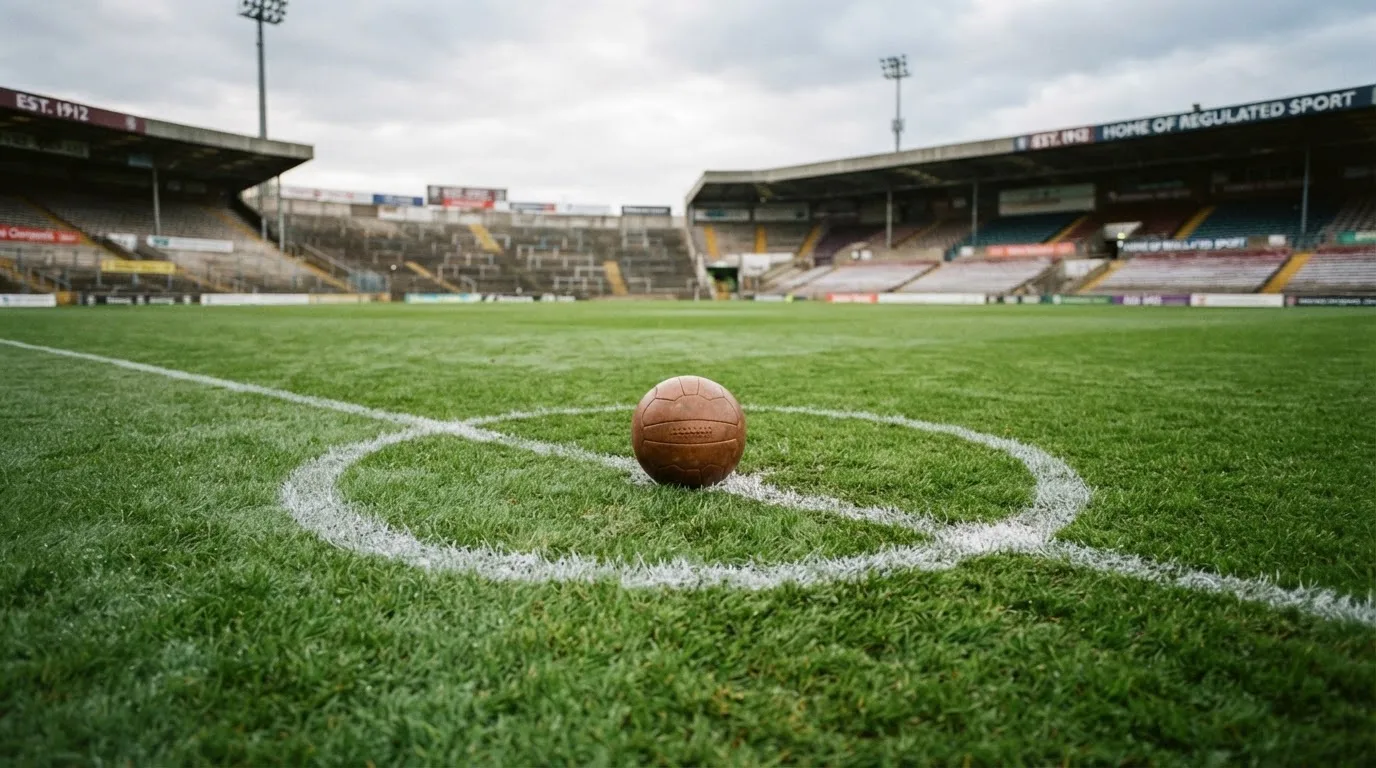 Ein Fußball liegt auf dem Anstoßpunkt eines leeren Rasenplatzes, im Hintergrund eine ruhige Tribüne unter bedecktem Himmel.
