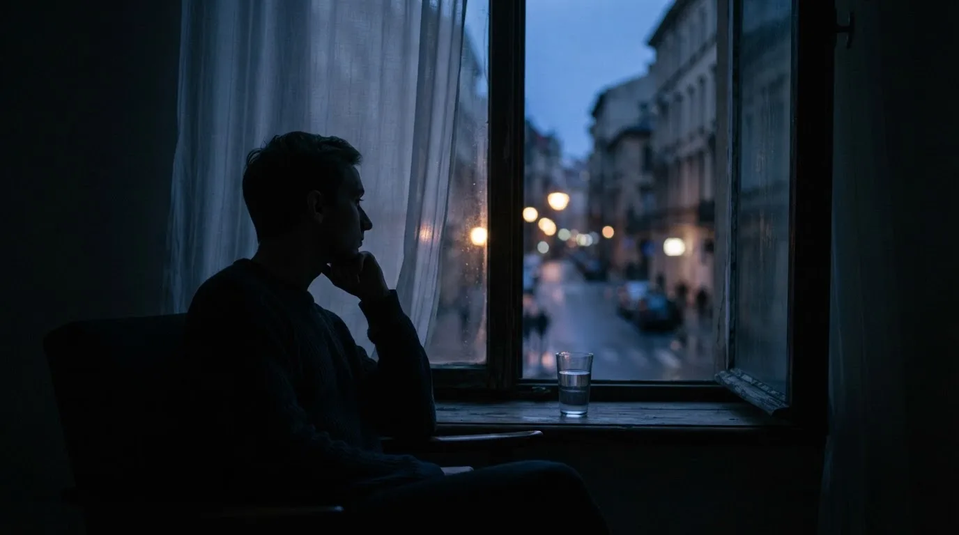 Die Silhouette einer Person sitzt am Abend am Fenster und blickt auf eine Straße, auf dem Fensterbrett steht ein Glas Wasser.