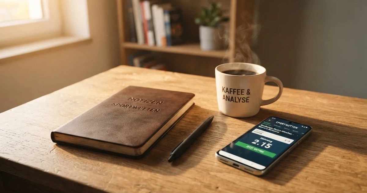 Ein Holzschreibtisch im Morgenlicht mit geschlossenem Notizbuch, Kugelschreiber und Kaffeetasse, daneben ein Smartphone mit dunklem Bildschirm.
