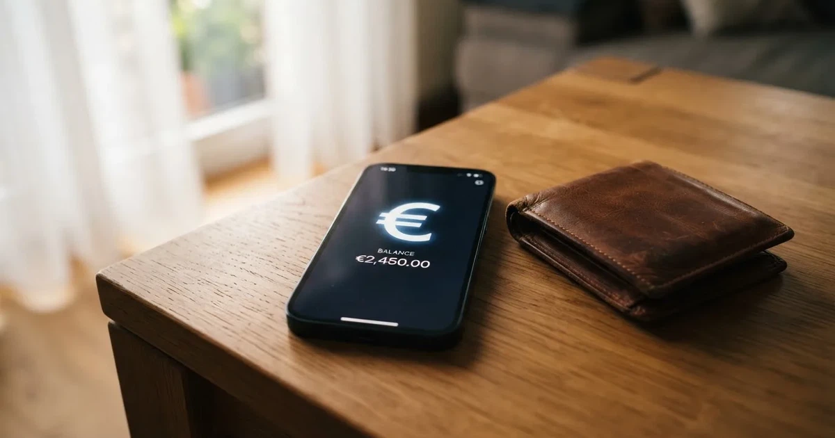Ein Smartphone mit dunklem Bildschirm liegt neben einer Geldbörse und wenigen Münzen auf einem Holztisch im weichen Fensterlicht.