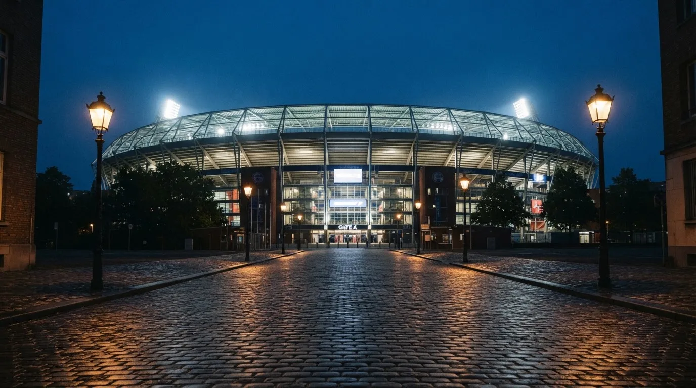 Ein Stadion unter Flutlicht aus der Ferne gesehen, davor eine dunkle Straße mit Laternen und ohne Menschen.