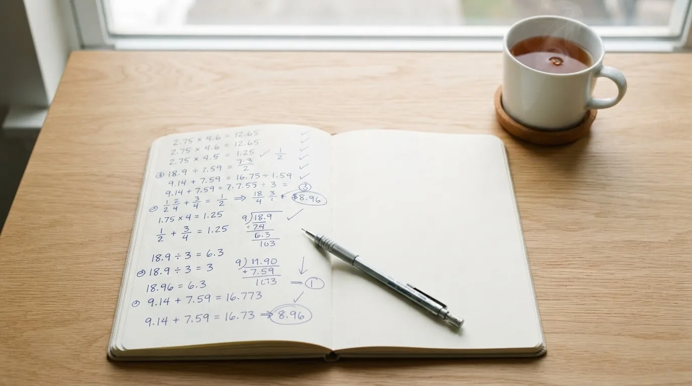 Ein Notizbuch mit handgeschriebenen Rechnungen und ein Taschenrechner auf einem hellen Schreibtisch neben einer Tasse Tee.