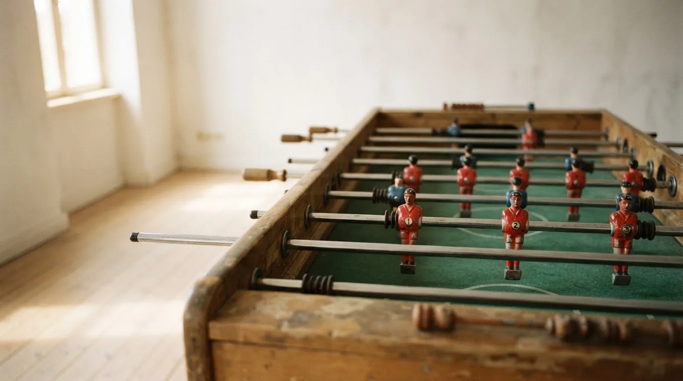 Ein Tischkicker in einem leeren Raum, die Spielfiguren in Reihe, Tageslicht fällt durch ein großes Fenster.