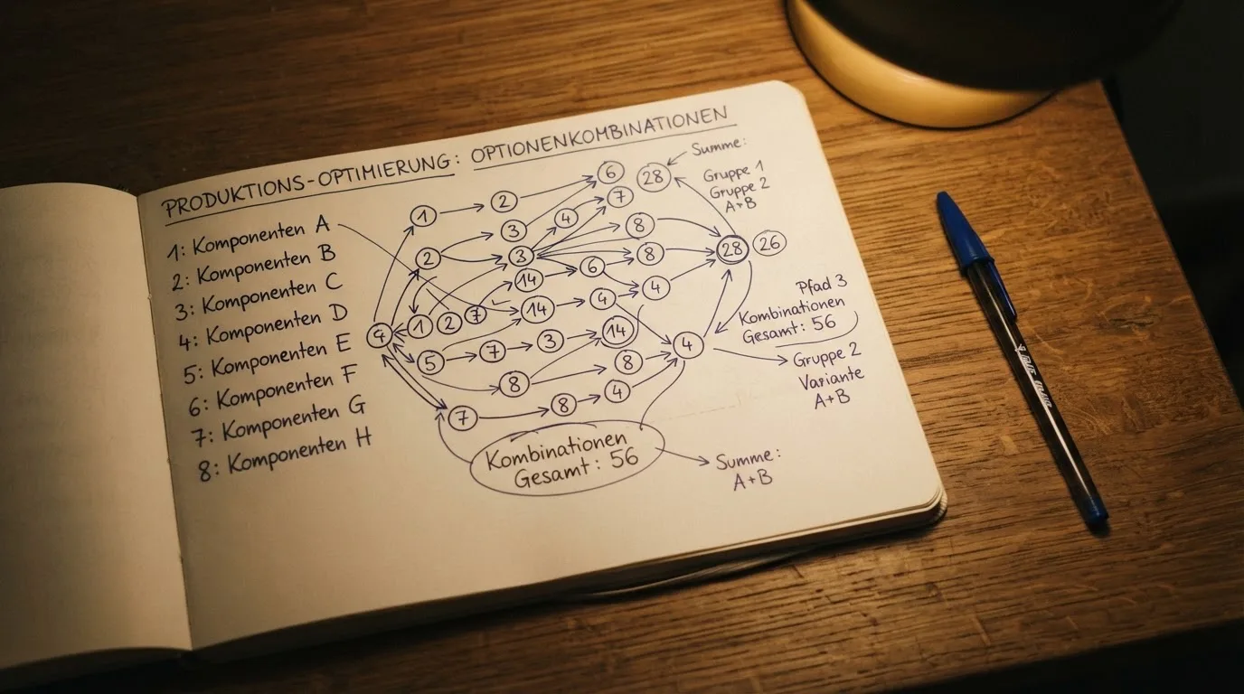 Ein Notizbuch mit handgezeichneten Pfeilen und Kreisen liegt neben einem Kugelschreiber auf einem Schreibtisch im Abendlicht.