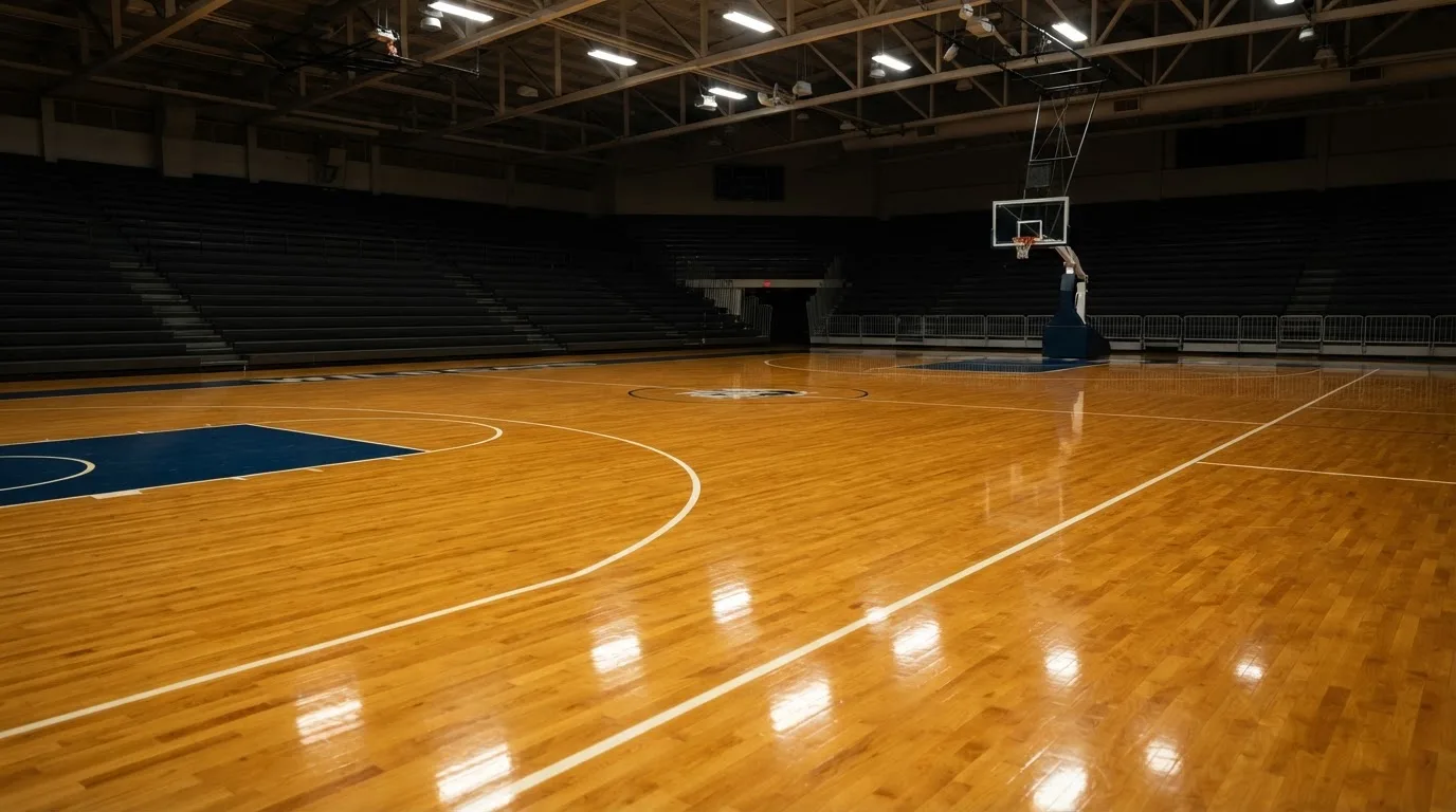 Ein Basketballfeld in einer leeren Halle, das Parkett spiegelt das Licht der Deckenlampen.