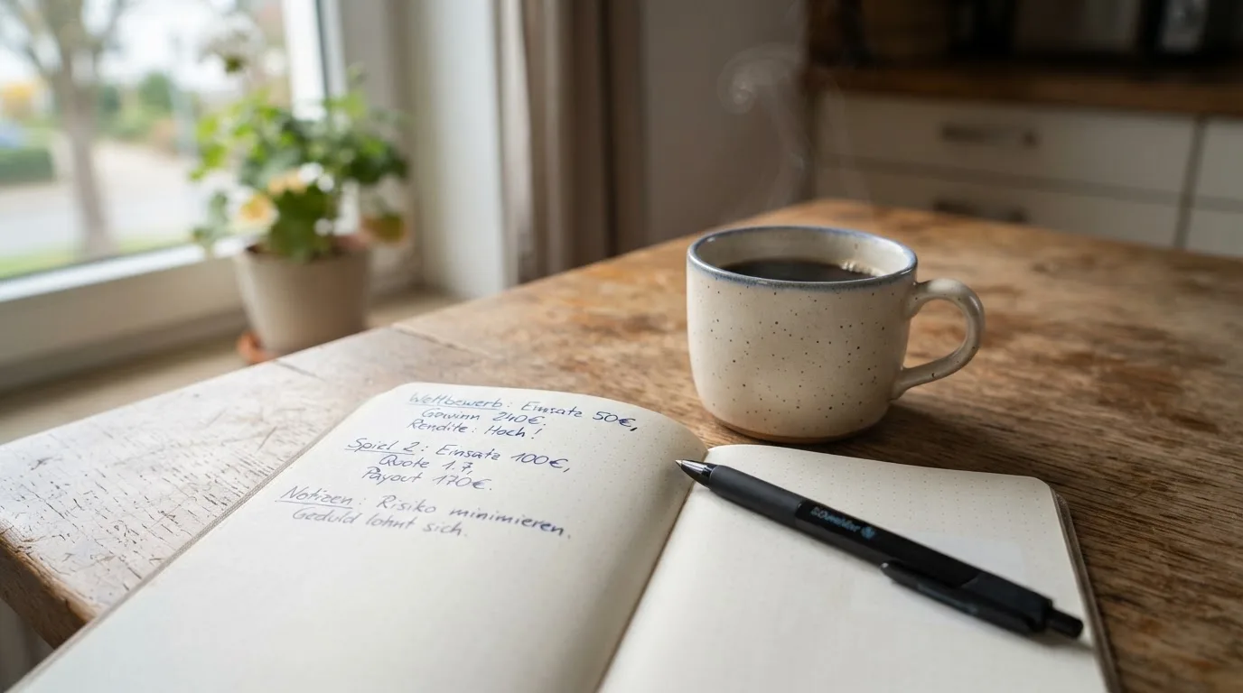 Eine Tasse Kaffee, ein Kugelschreiber und ein aufgeschlagenes leeres Notizbuch auf einem Küchentisch am Fenster.