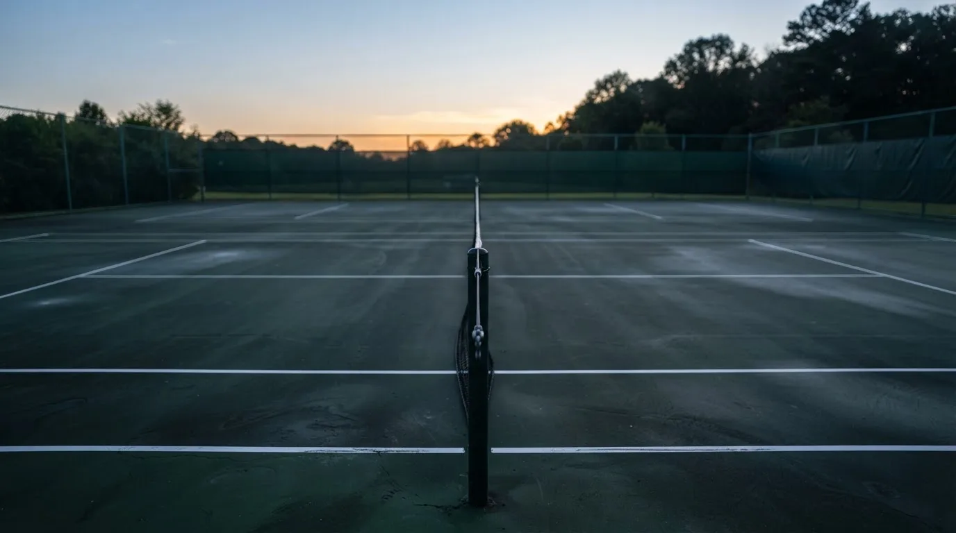 Ein Tennisplatz in der Dämmerung, Netz und Linien im Zwielicht, ohne Menschen und mit ruhigem Himmel.