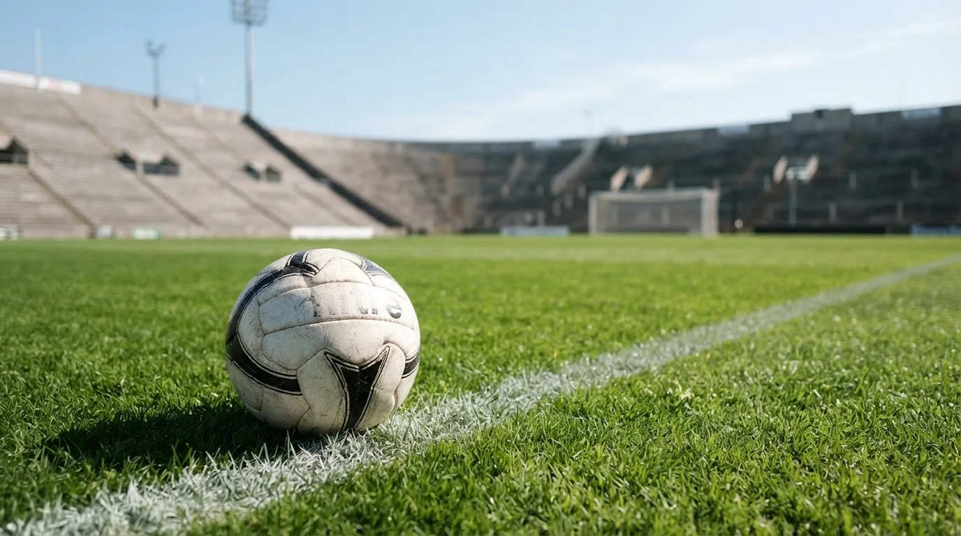 Ein Fußball liegt am Spielfeldrand eines Rasenplatzes, im Hintergrund eine leere Tribüne unter hellem Himmel.