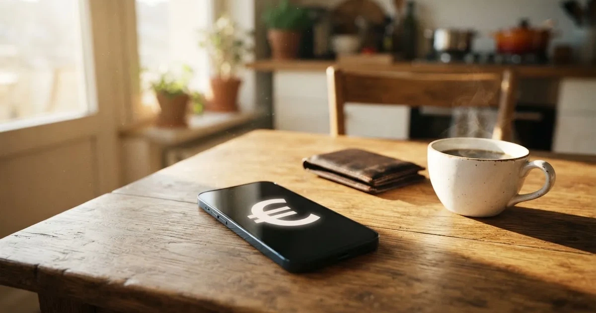 Ein Smartphone mit dunklem Bildschirm liegt auf einem Holztisch neben einem Portemonnaie und einer Kaffeetasse im Fensterlicht.