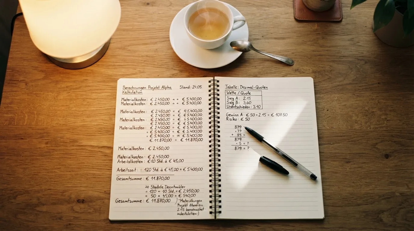 Ein Notizbuch mit handgeschriebenen Rechnungen und ein Taschenrechner auf einem Schreibtisch neben einer Teetasse.