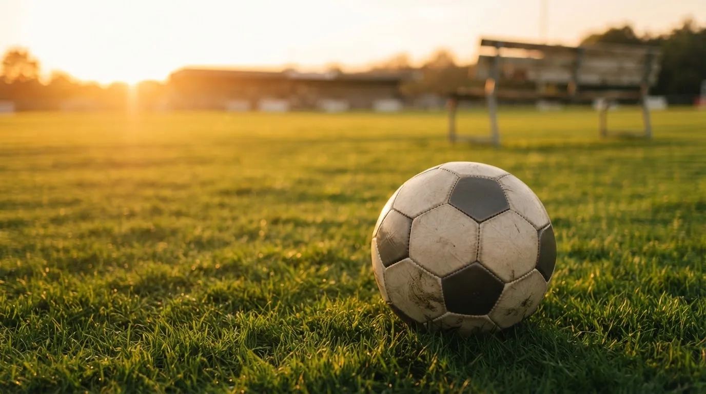 Ein Fußball auf einem Rasenplatz im Gegenlicht der tiefstehenden Sonne, am Rand eine leere Ersatzbank.