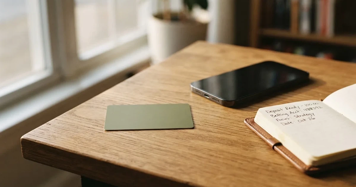 Eine Plastikkarte ohne Aufdruck liegt auf einem Holztisch neben einem Smartphone mit dunklem Bildschirm und einem Notizbuch.