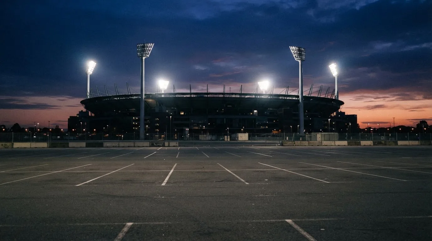 Ein Stadion unter Flutlicht aus der Ferne gesehen, davor ein leerer Parkplatz in der Dämmerung.