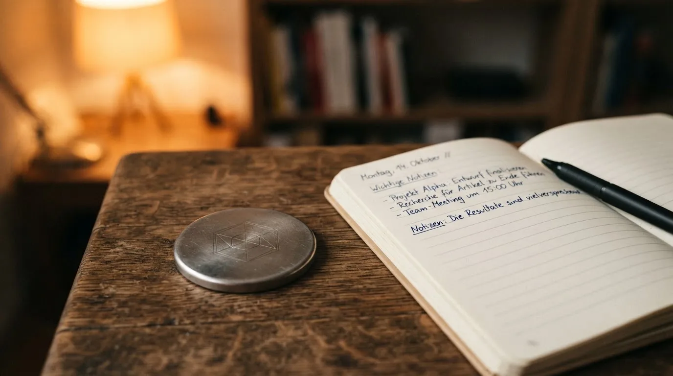 Eine einzelne Metallmünze liegt auf einem dunklen Schreibtisch neben einem Notizbuch und einem Stift.