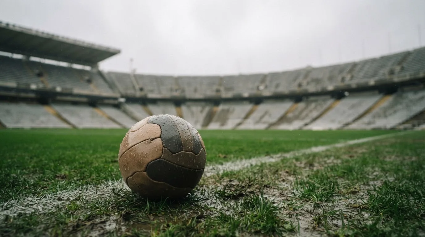 Ein Fußball auf einem Rasen, im Hintergrund ein leeres Stadion bei bewölktem Himmel.