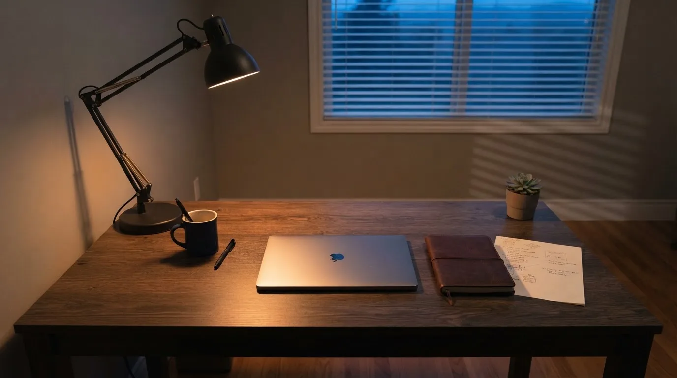 Ein Schreibtisch mit Lampe und geschlossenem Laptop in einem ruhigen Büro bei Abendlicht.