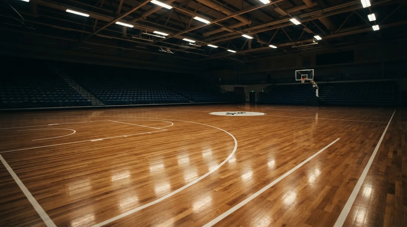 Ein Basketballfeld in einer leeren Halle, das Parkett spiegelt das Deckenlicht.