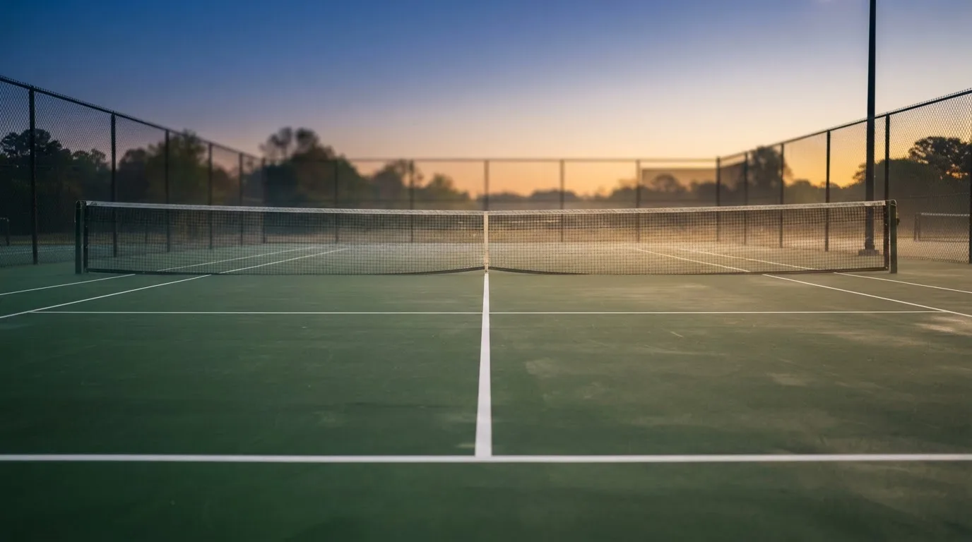 Ein Tennisplatz bei Sonnenaufgang, Netz und Linien im Streiflicht, ohne Menschen.