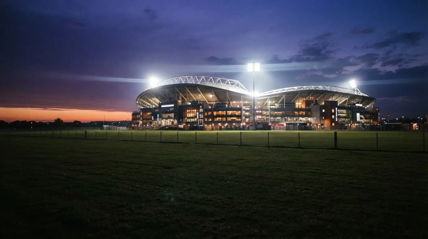 Ein Stadion unter Flutlicht aus der Ferne gesehen, im Vordergrund ein leeres Feld in der Dämmerung.