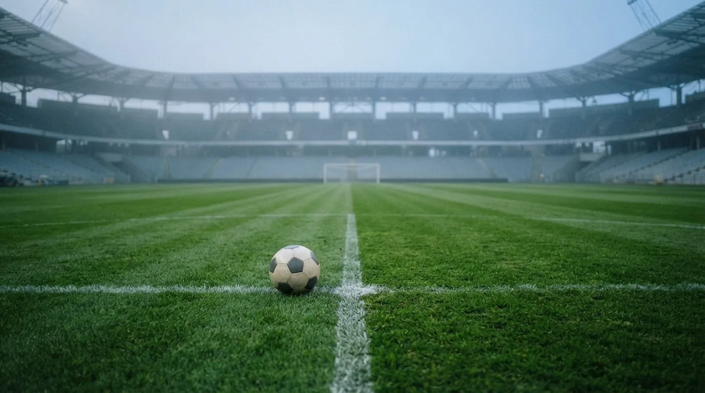 Ein Fußball liegt auf dem Anstoßpunkt eines leeren Rasenplatzes, im Hintergrund hängt Morgendunst über den Tribünen.