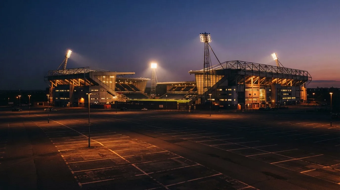 Ein Fußballstadion unter Flutlicht, aus großer Entfernung bei Einbruch der Dunkelheit gesehen, davor ein leerer Parkplatz.