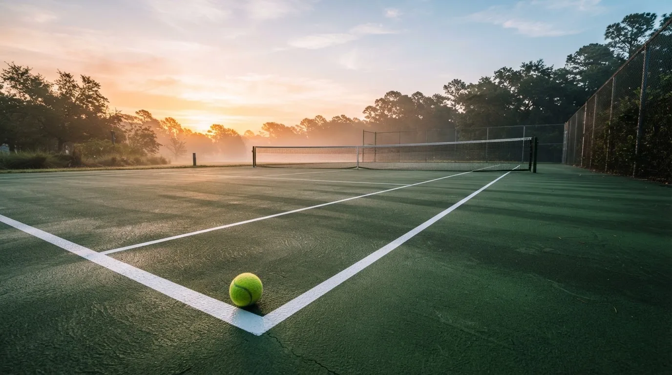 Ein Tennisplatz bei Sonnenaufgang, die Linien noch taufeucht, ein einzelner Ball liegt an der Grundlinie.