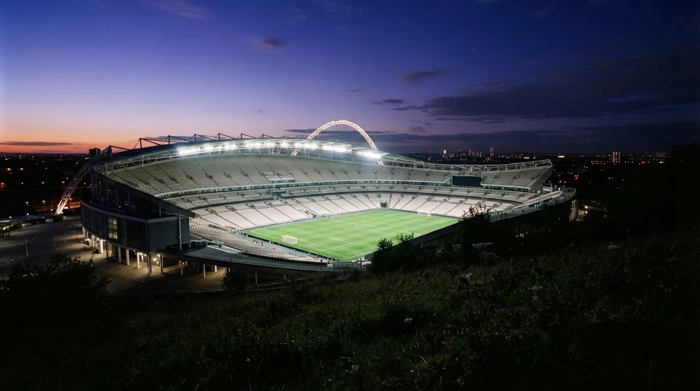 Ein leeres Stadion mit hell erleuchteten Rängen in der Abenddämmerung, von einem Hügel aus fotografiert.
