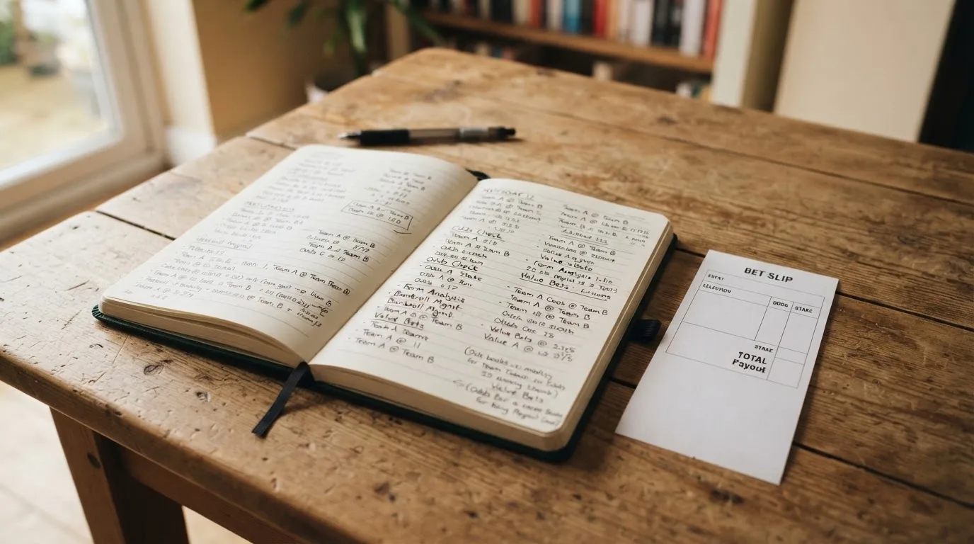 Ein Notizbuch mit handschriftlichen Notizen liegt aufgeschlagen neben einem leeren Papier-Wettschein auf einem Holztisch.