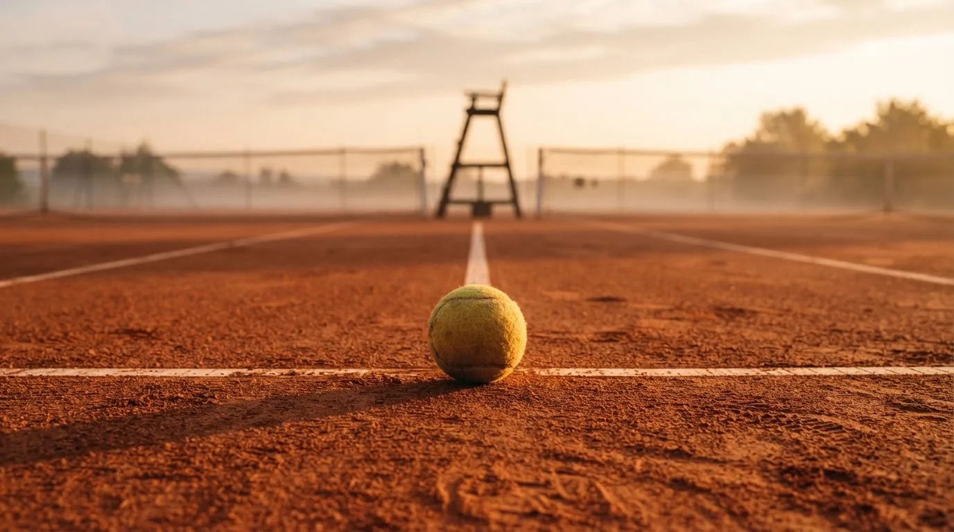 Ein Tennisball liegt auf einem roten Sandplatz bei Sonnenaufgang, im Hintergrund ein leerer Schiedsrichterstuhl.
