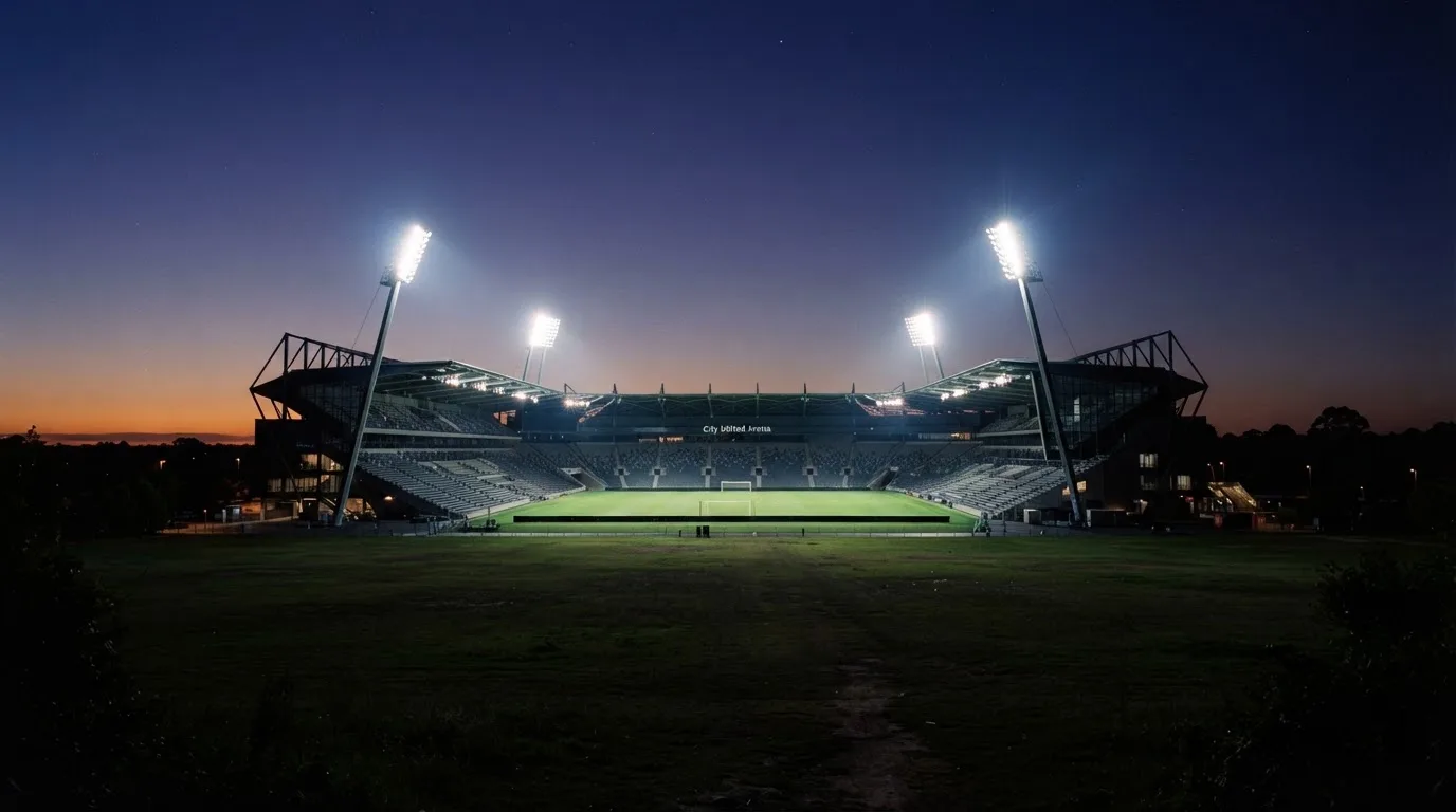 Ein Stadion unter Flutlicht aus der Ferne, davor ein stilles Feld im Dämmerlicht.